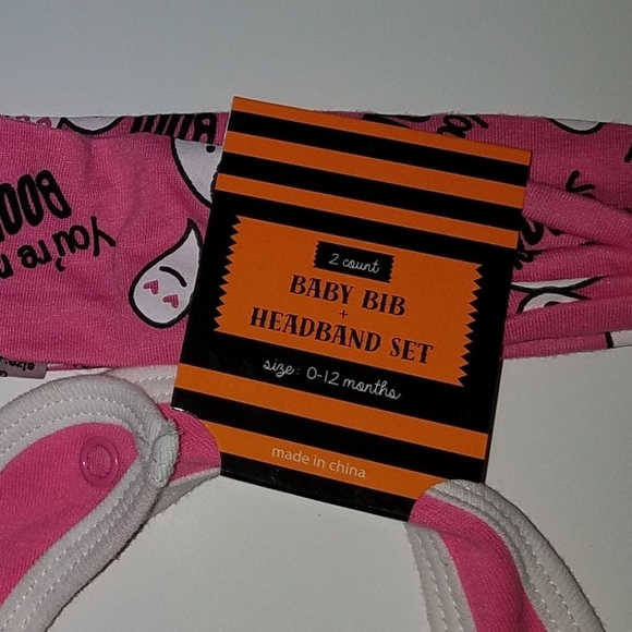 NWT You're My Boo! Pink Ghost Halloween Bib & Headband Set Size 0-12 Months - Picture 2 of 5